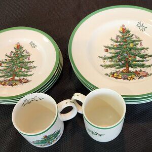 Spode 10 Piece Set Christmas Tree Dinnerware Dinner Salad Plates and Mugs